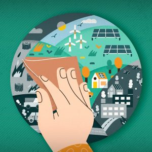 Ilustração da artista Renata Miwa sobre emissões de Carbono Zero e ESG
