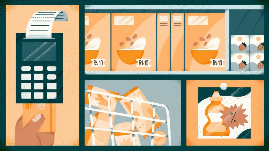 Ilustração sobre compras no supermercado. Dicas para economizar.
