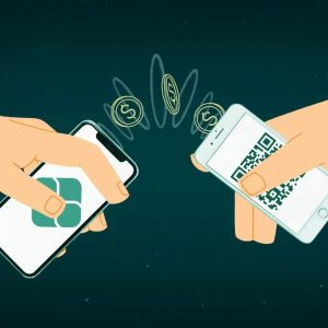 Ilustração de duas mãos segurando, cada uma, um celular que simula uma transação via Pix.