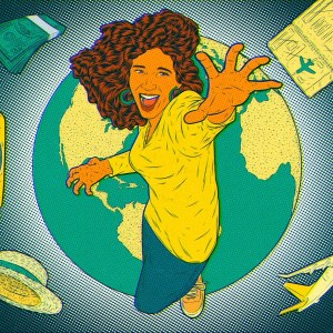 Ilustração abstrata sobre planejamento de viagens. Na cena, uma mulher está esticando o braço em direção a um bilhete de passagem, e em sua volta elementos compõem a cena de viagem: avião, malas, dinheiro, um globo terrestre