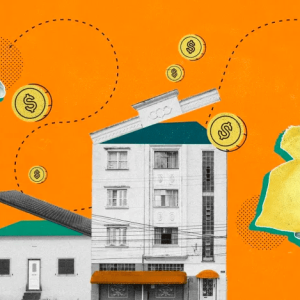 A ilustração contém dois prédis com os telhados abertos e algumas moedas saindo de cada um. Ao lado, uma mão segurando um pacote de dinheiro.