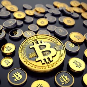 A imagem traz diversas moedas de bitcoin em uma superfície preta, com uma delas em destaque e em um tamanho maior.