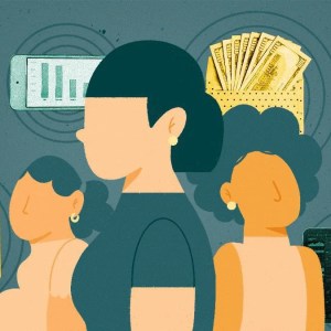 A ilustração mostra três mulheres de perfil. Ao fundo, alguns símbolos, como dinheiro, um celular e um saco de moedas.