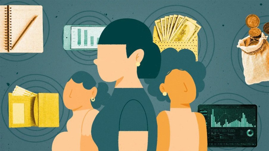 A ilustração mostra três mulheres de perfil. Ao fundo, alguns símbolos, como dinheiro, um celular e um saco de moedas.