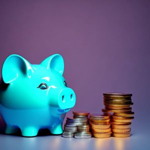 Porquinho azul com pilhas de moedas ao lado