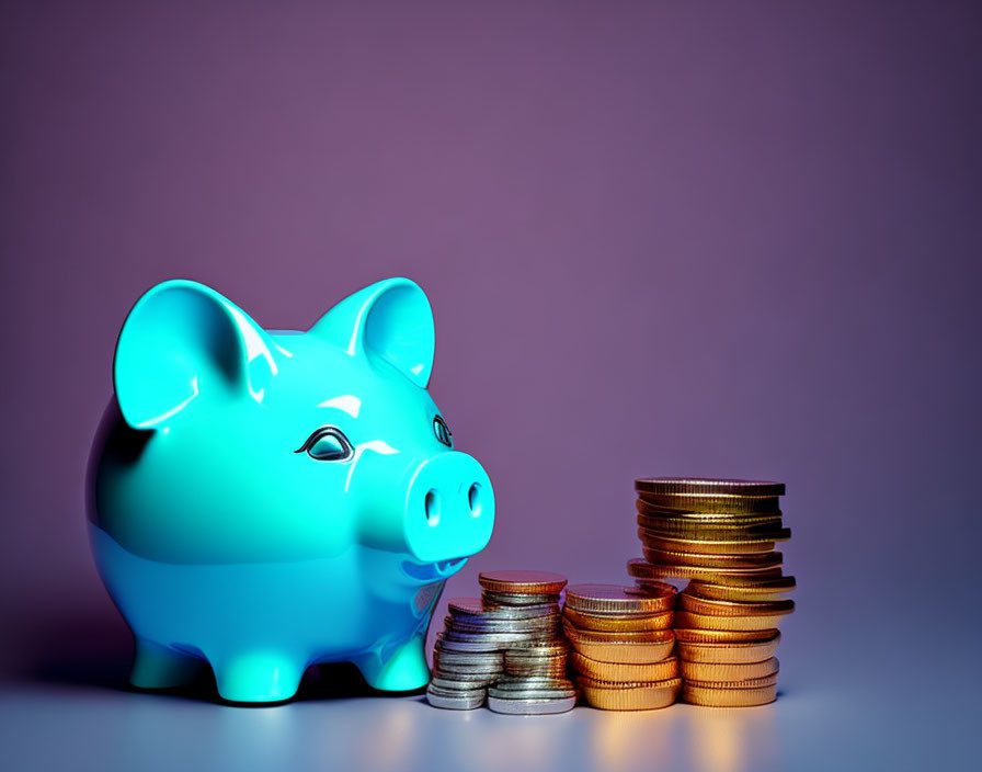 Porquinho azul com pilhas de moedas ao lado