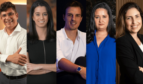 Mercado de Fundos Imobiliários: evento na Arena B3, mediado pelo jornalista Renato Jakitas (esquerda), reúne Larissa Nappo (Itaú BBA), Gabriel Navarro (influencer), Eliane Teixeira (Cy Capital) e Beatriz Verri Zan (Tellus) 