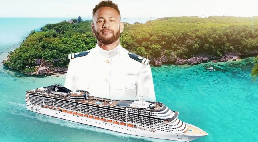 Montagem com uma imagem de um cruzeiro, e acima a foto de Neymar, um jogador de futebol.