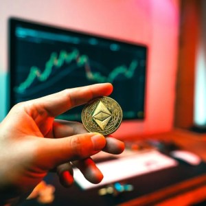 Na imagem, uma mão segura uma moeda de ethereum com uma computador ao fundo.