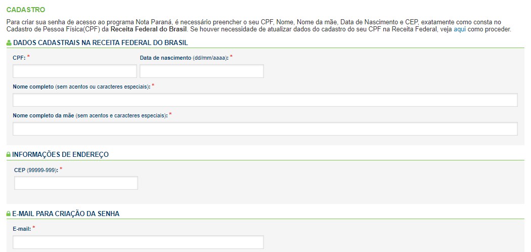 Imagem de tela de cadastro do site da Nota Paraná, na página da Secretaria da fazenda do Estado.