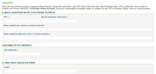 Imagem de tela de cadastro do site da Nota Paraná, na página da Secretaria da fazenda do Estado. 