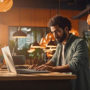 Foto gerada por Inteligência Artificial. Nela, há um homem negro, vestindo uma camisa cinza, digitando em um notebook. Há algumas luminárias em volta.