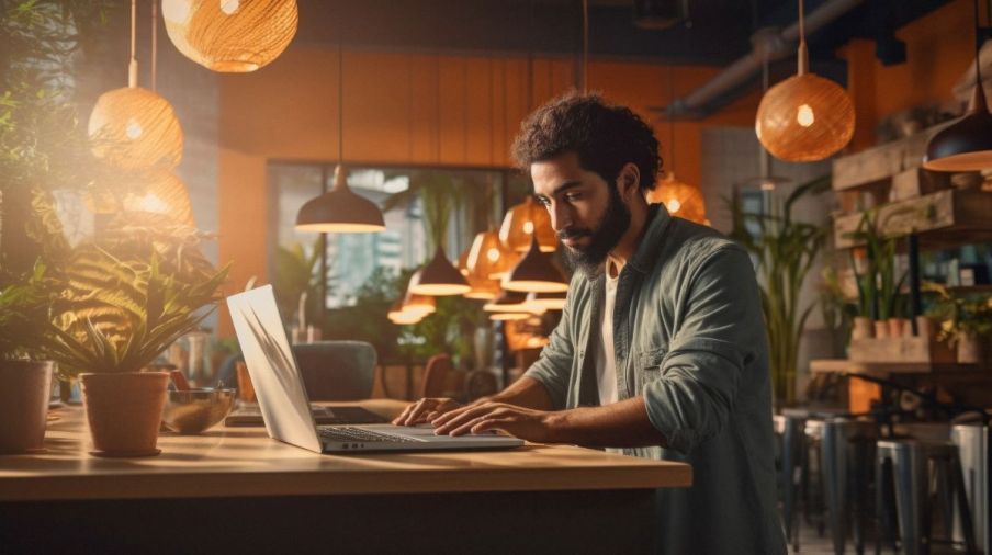 Foto gerada por Inteligência Artificial. Nela, há um homem negro, vestindo uma camisa cinza, digitando em um notebook. Há algumas luminárias em volta.