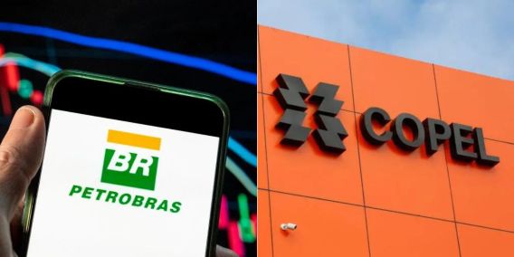 Montagem de duas fotos: um celular com o logo da Petrobras (à esquerda) e logo da Copel (à direita). As duas estão na agenda de empresas que pagam dividendos em novembro.