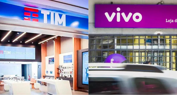 Colagem de imagens de lojas da TIM (TIMS3), à esquerda, e Telefônica Brasil (VIVT3), à direita. A matéria explica qual ação escolher para dividendos