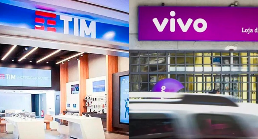 Colagem de imagens de lojas da TIM (TIMS3), à esquerda, e Telefônica Brasil (VIVT3), à direita. A matéria explica qual ação escolher para dividendos