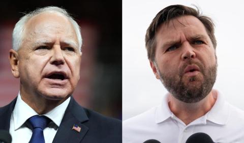 Eleições nos Estados Unidos: foto montagem da CBS News sobre o debate entre os candidatos a vice  Tim Walz (à esq.) e JD Vance (à dir.) Foto: Reprodução/CBS News