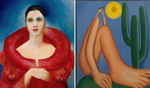 Montagem com o retrato de Tarsila do Amaral e o famoso Abaporu, ambos de autoria da pintora. 